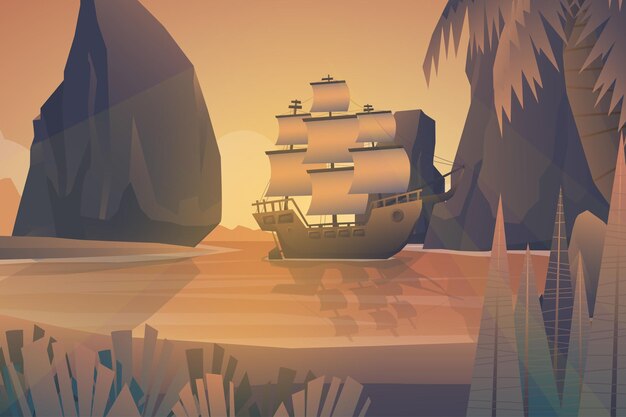 Beautiful scene anchored Galleon floating in the sea of island. Surrounded by cliffs, seascape nature bay,  illustration