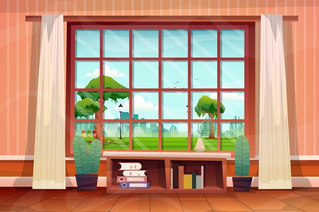 Beautiful scene from living room in house, looked through glass window and saw nature park outside, vector