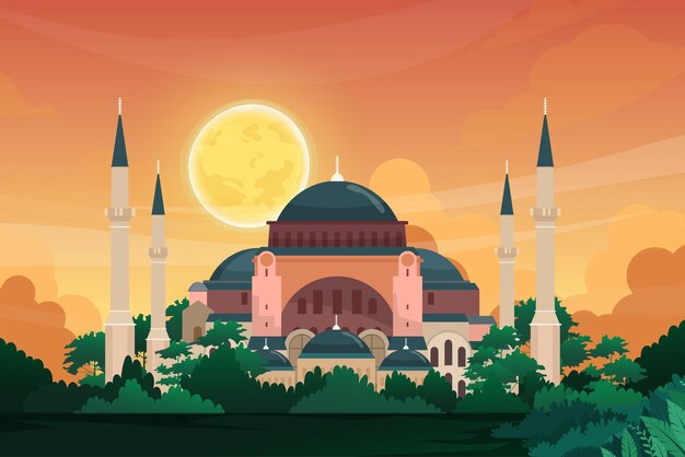 Beautiful scene of Saint Sophie Cathedral Byzantine art monument. Istanbul travel destinations. Turkey country buildings landmarks. design postcard or travel poster, Vector illustration