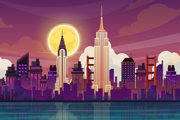 크라이슬러 빌딩(Chrysler Building)과 엠파이어 스테이트 빌딩(Empire State Building), 세계적으로 유명한 미국 관광 명소 기호가 있는 아름다운 장면. 국제 건축 랜드마크는 엽서나 여행 포스터, 삽화를 디자인합니다.