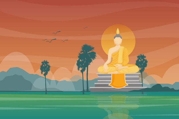 Free vector beautiful scene with large buddha in temple landmarks in thailand, shadow in water on sunset time at countryside, wat muang angthong, post card or poster design , vector illustration