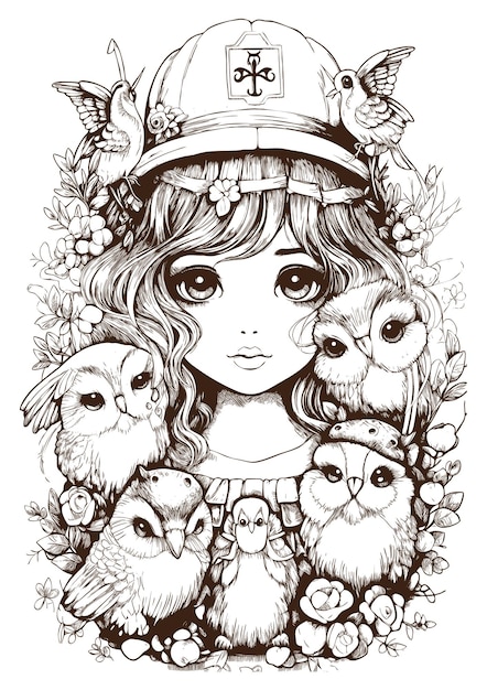 Vector Templates: Beautiful hand sketch of girl with floral birds (Free Download)