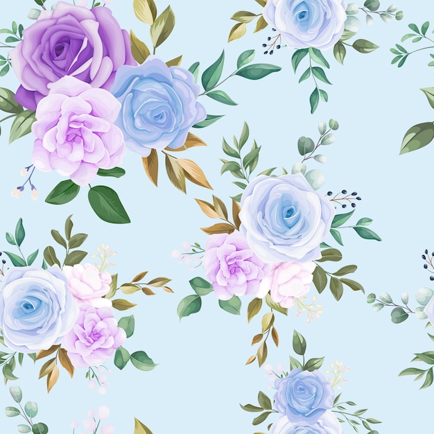 Beautiful seamless pattern blue flower and green leaves