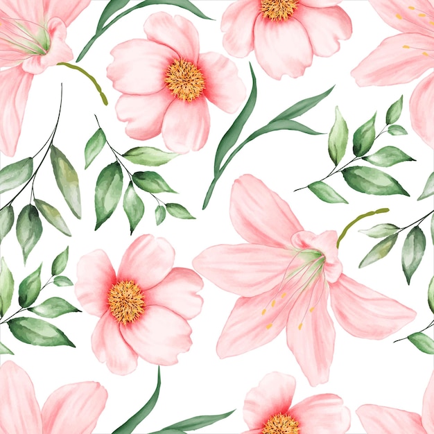 Free vector beautiful seamless pattern flowers and leaves watercolor