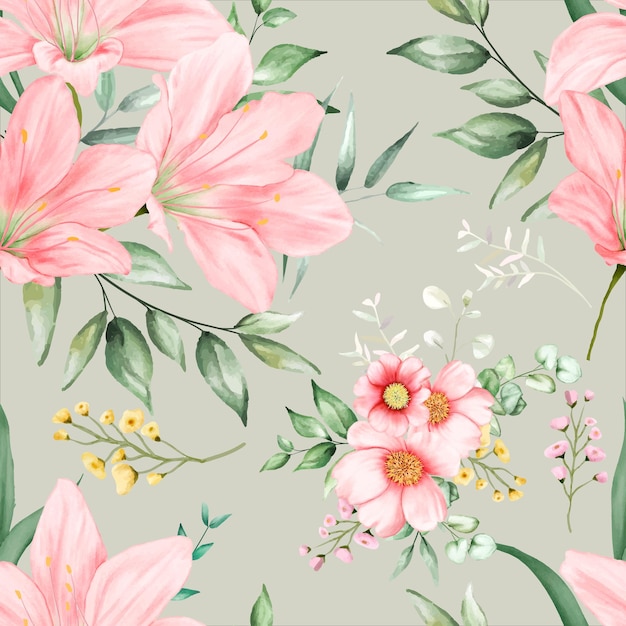 Free vector beautiful seamless pattern flowers and leaves watercolor