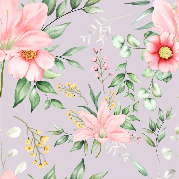 beautiful seamless pattern flowers and leaves watercolor