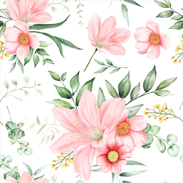 beautiful seamless pattern flowers and leaves watercolor