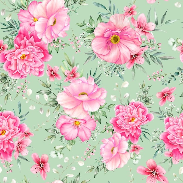 beautiful seamless pattern flowers and leaves watercolor