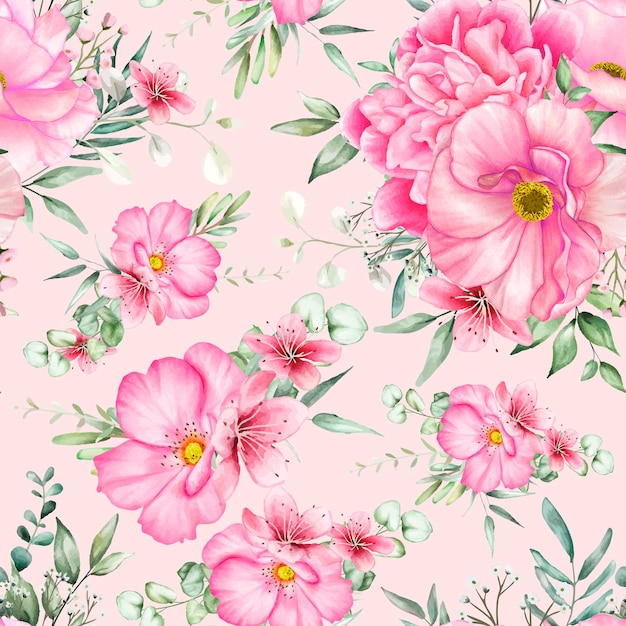 Beautiful seamless pattern flowers and leaves watercolor