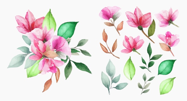 Free vector beautiful set of bouquet of watercolor flowers and leaves. watercolor floral elements