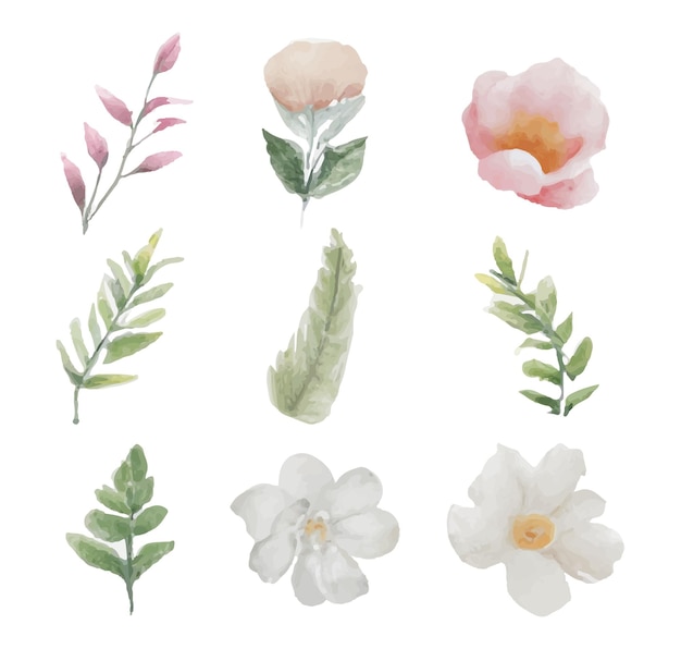 Free vector beautiful set of bouquet of watercolor flowers and leaves. watercolor floral elements