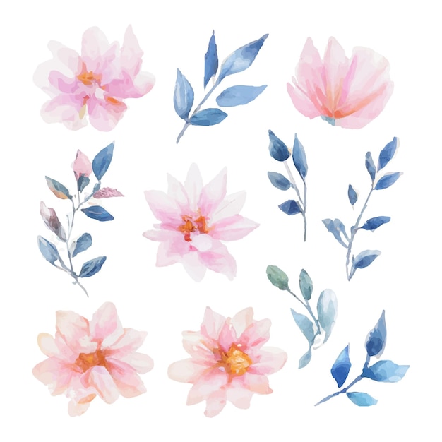 Free vector beautiful set of bouquet of watercolor flowers and leaves. watercolor floral elements