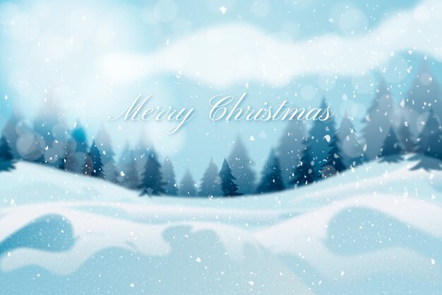 Beautiful snowy landscape with merry christmas lettering