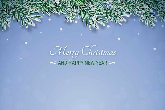 Free vector beautiful snowy landscape with merry christmas lettering