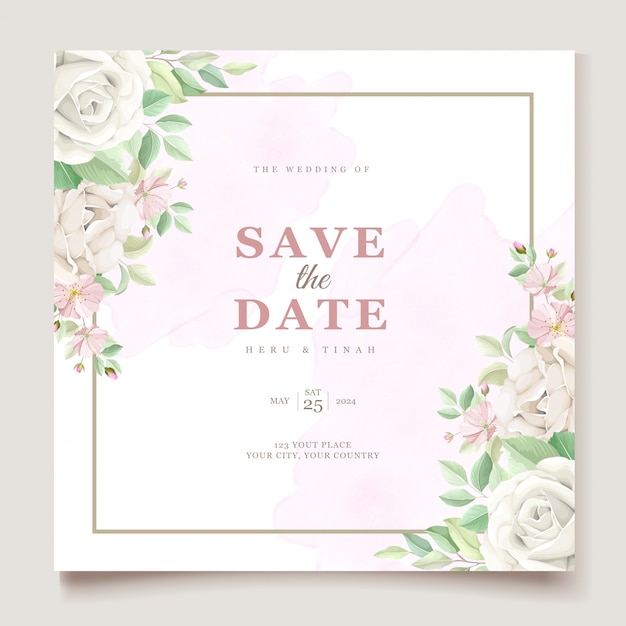 아름 다운 부드러운 꽃과 나뭇잎 결혼식 초대 카드 세트