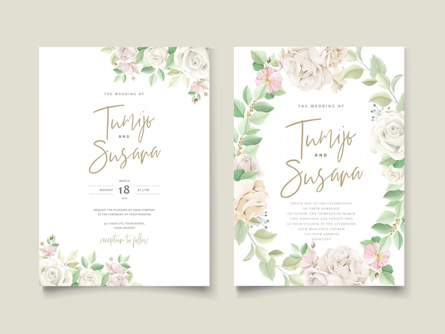 아름 다운 부드러운 꽃과 나뭇잎 결혼식 초대 카드