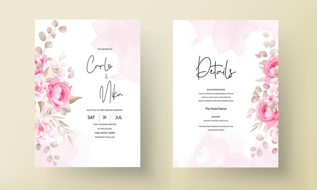 Beautiful soft peach and brown floral wedding invitation template