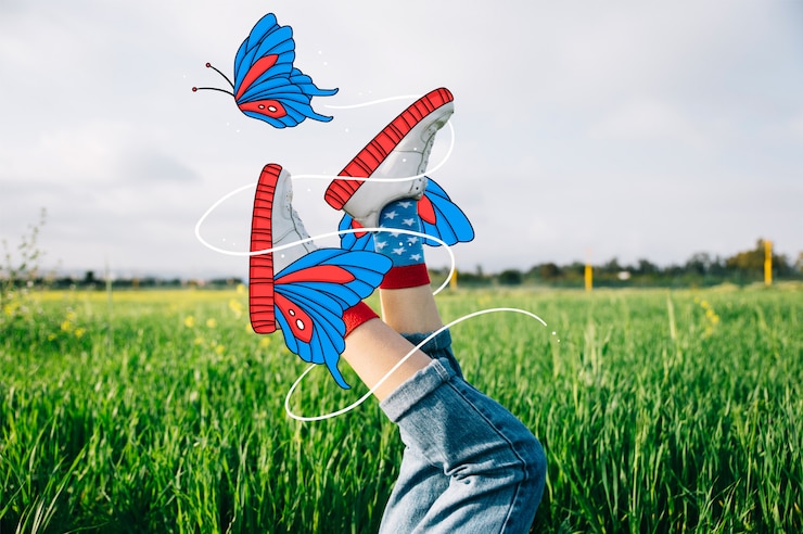 Free Vector beautiful sport shoes with hand drawn butterflies 