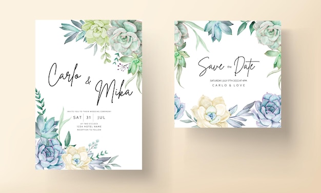 Free vector beautiful succulent flower watercolor wedding invitation card set