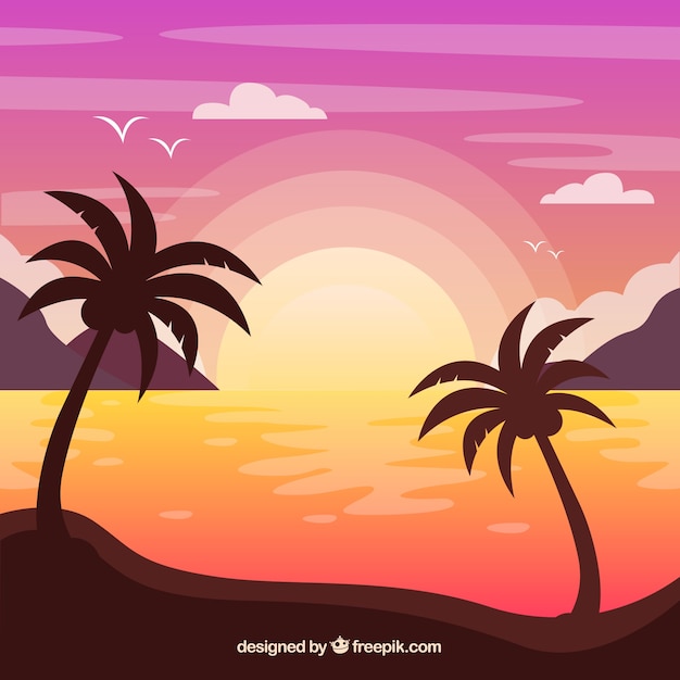 Free vector beautiful summer background with palm trees at sunset