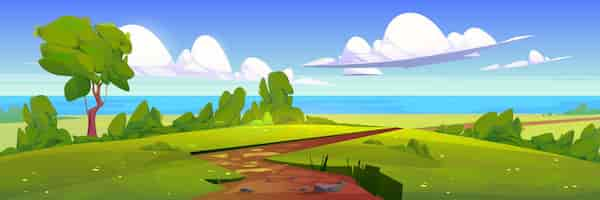 Free vector beautiful summer field with footpath to sea