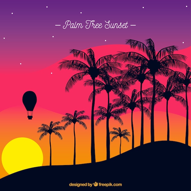 Free vector beautiful sunset landscape with hot air balloon