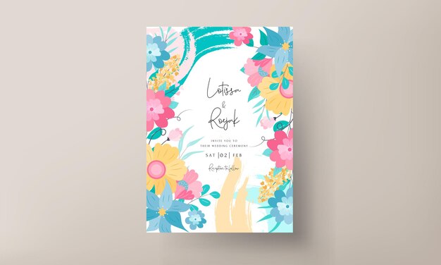 파스텔 색상으로 아름다운 달콤한 평면 꽃 결혼식 초대 카드 디자인