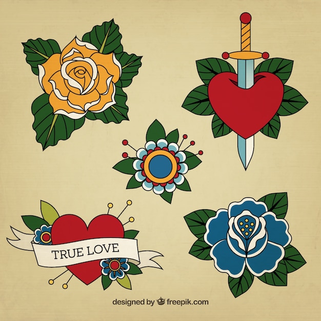 Free vector beautiful tattoos vintage style hand drawn