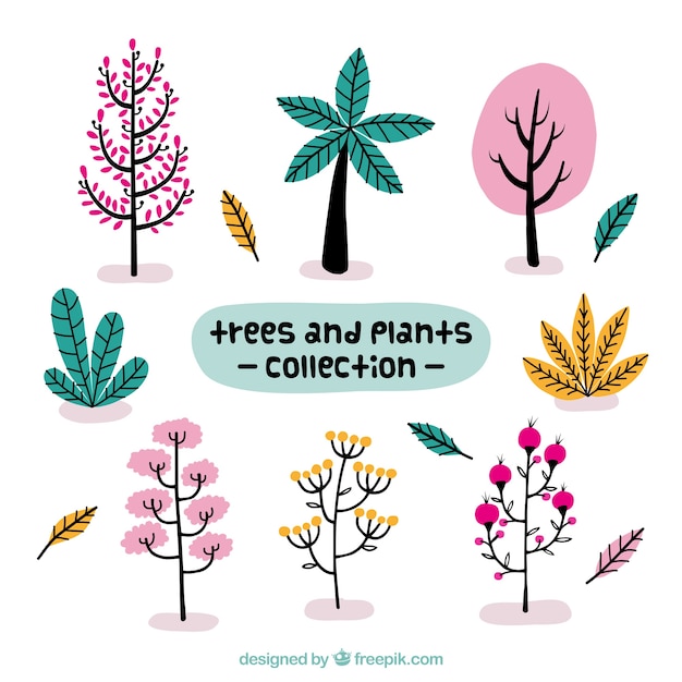 무료 벡터 아름다운 나무와 손으로 그린 식물