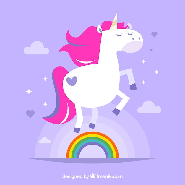 Free vector beautiful unicorn background with rainbow in flat design