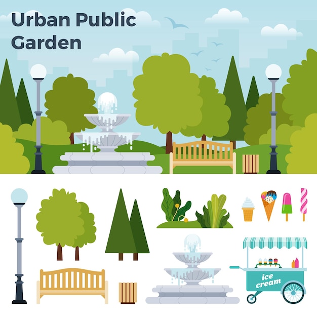 Beautiful urban public garden with a fountain vector icon flat isolated illustration