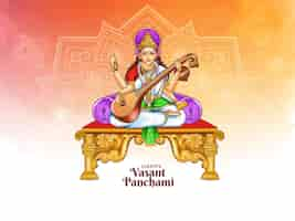 Free vector beautiful vasant panchami indian traditional festival with goddess saraswati illustration