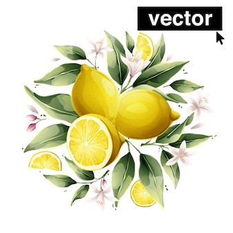 水彩の黄色いレモンの果実の葉と花と美しいベクトルの花束