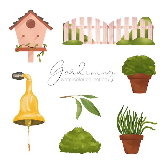 Free vector beautiful water color set of garden tools accessories and plants such as birdhouses fences plants bells leaves bushes pots
