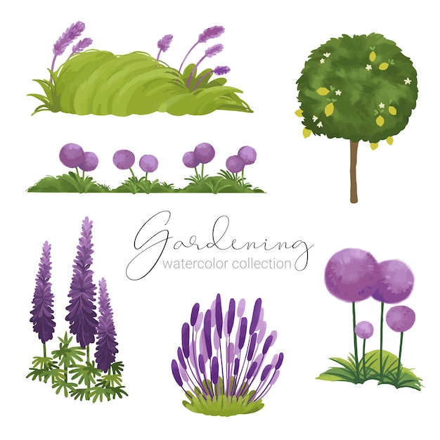 Free vector beautiful water color set of garden tools accessories and plants such as grass flowers trees shrubs