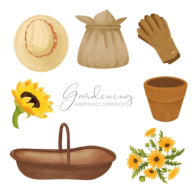 Vettore gratuito bellissimo set di colori ad acqua di attrezzi da giardino accessori e piante come cappelli borse guanti vasi fiori cesti mazzi di fiori