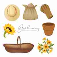 Free vector beautiful water color set of garden tools accessories and plants such as hats bags gloves pots flowers baskets bouquets