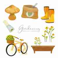 Vettore gratuito bellissimo set acquarello di attrezzi da giardino accessori e piante come funghi fertilizzanti borse picconi stivali guanti piante fiori biciclette foglie vasi di fiori