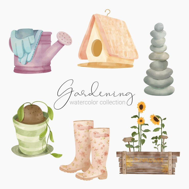 Free Vector beautiful water color set of garden tools accessories and plants