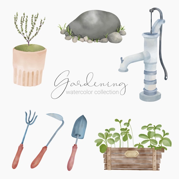 Beautiful water color set of garden tools accessories and plants