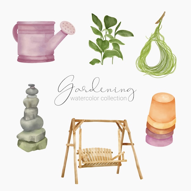 Vettore gratuito bellissimo set di colori ad acqua di accessori e piante per attrezzi da giardino