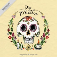Beautiful watercolor background of mexican skull with floral details