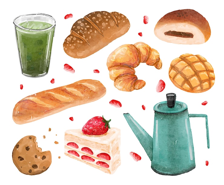 Free Vector beautiful watercolor bakery with bread dessert and coffee vector illustrations