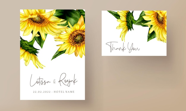 beautiful watercolor blooming sun flower wedding invitation card template
