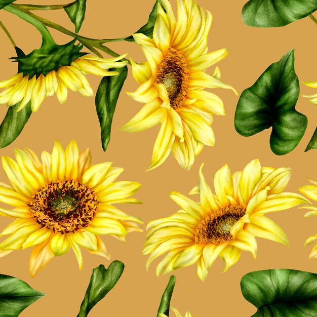 beautiful watercolor blooming sunflower floral seamless pattern