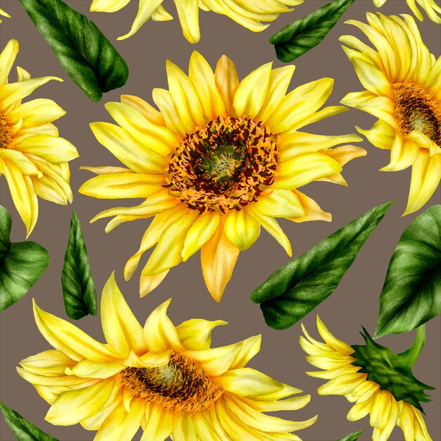 beautiful watercolor blooming sunflower floral seamless pattern