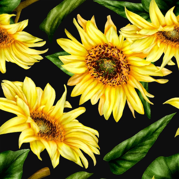 beautiful watercolor blooming sunflower floral seamless pattern