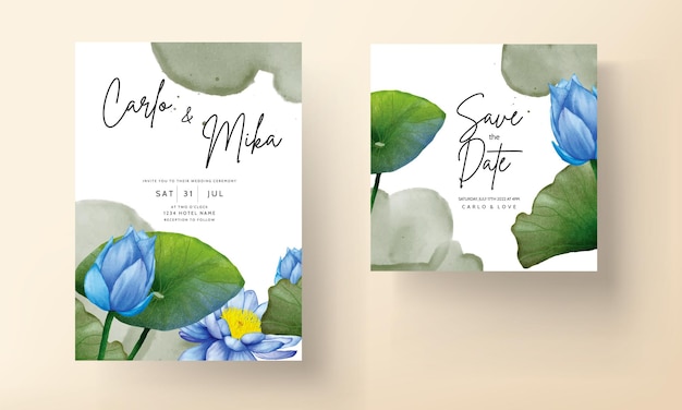 Beautiful watercolor blue lotus flower invitation card