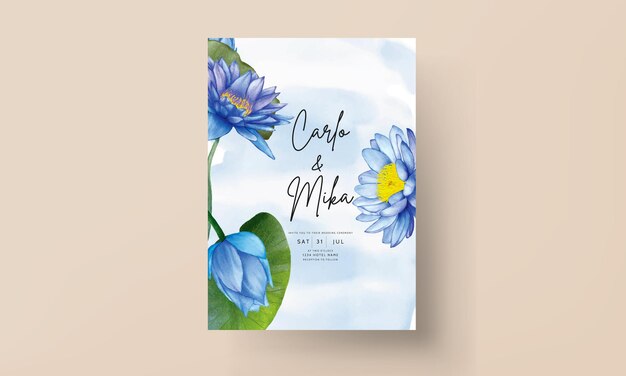 Beautiful watercolor blue lotus flower invitation card