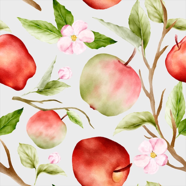 Free vector beautiful watercolor botanical apple and pink floral seamless pattern